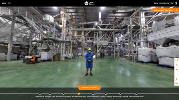 360° virtual tour of industrial facilities, showing the interior of the plant and allowing the viewer to see the entire process and match corresponding scenes. From raw materials, to transformation up until the final product is loaded and dispatched.