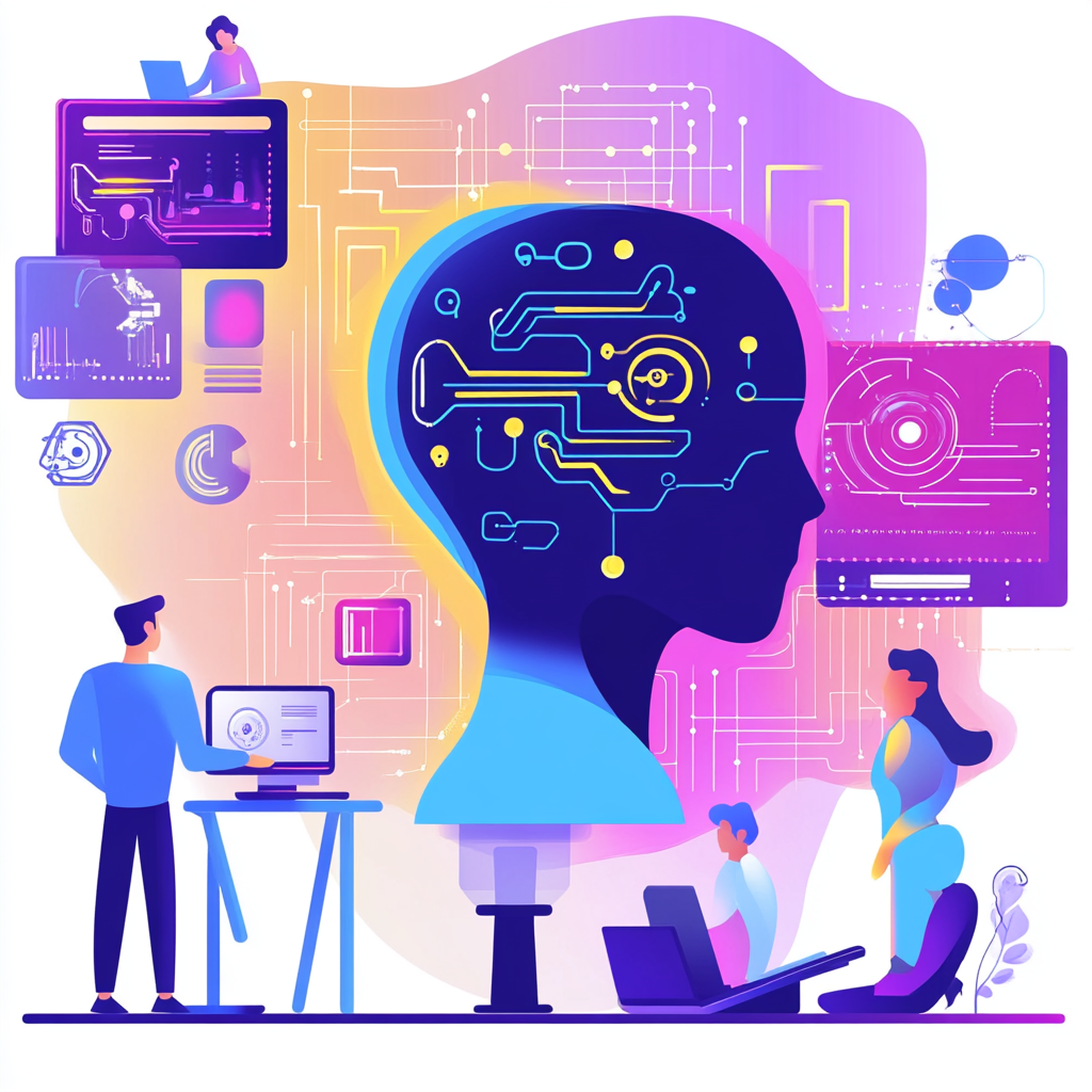 Illustration d'un concept dynamique de formation en intelligence artificielle, mettant en scène une silhouette de tête humaine avec des motifs de circuits symbolisant l'IA. Autour de la tête, des professionnels interagissent avec des technologies, comme des ordinateurs portables, des écrans et des interfaces numériques. La scène est rehaussée de couleurs dégradées vives, mêlant violet, bleu et jaune, reflétant l'innovation et la créativité dans l'apprentissage de l'IA.